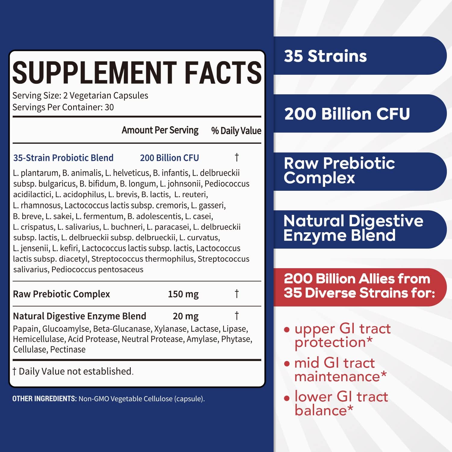 Probiotic for Men & Women, 200 Billion CFU 35 Strains, Prebiotics + Digestive Enzymes, Supreme Restore Probiotic Supplement, Upper, Mid, Lower GI Tract Balance, 60 Veggie Capsules, 1 Month