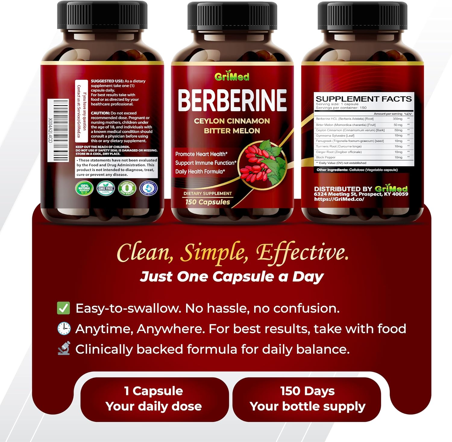 GriMed Berberine Supplement 9,500mg with Ceylon Cinnamon Bitter Melon Supports Healthy Immune System - Made in The USA