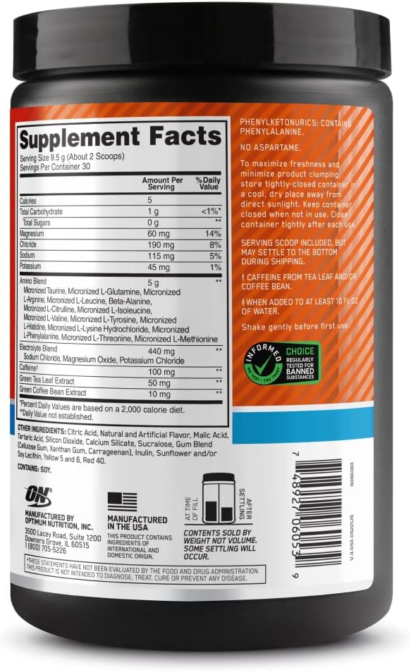 Optimum Nutrition (ON) Amino Energy Plus Electrolytes Powder - Pre Workout, Bcaas, Amino Acids, Keto Friendly, Anytime Energy Powder - Tangerine Wave, 285 G , 30 Servings